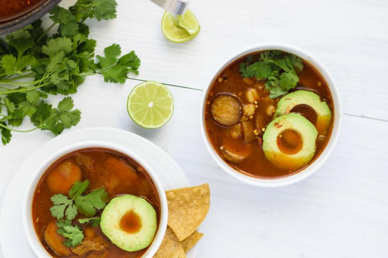 Seared Seitan and Mushroom Pozole Rojo • The Curious Chickpea