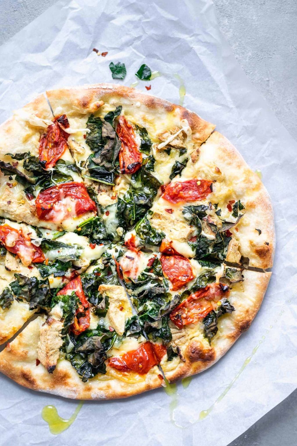 Crispy Kale, Roasted Tomato, and Vegan Chicken White Sauce Pizza • The ...