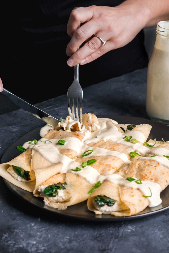 Savory Crepes With Almond Cheese Sautéed Spinach And Vegan Hollandaise • The Curious Chickpea 9680