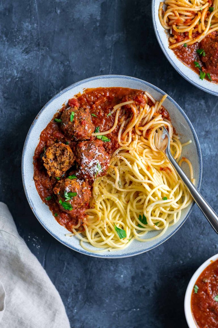 Spaghetti with Roasted Eggplant Marinara and Vegan Lentil Meatballs ...