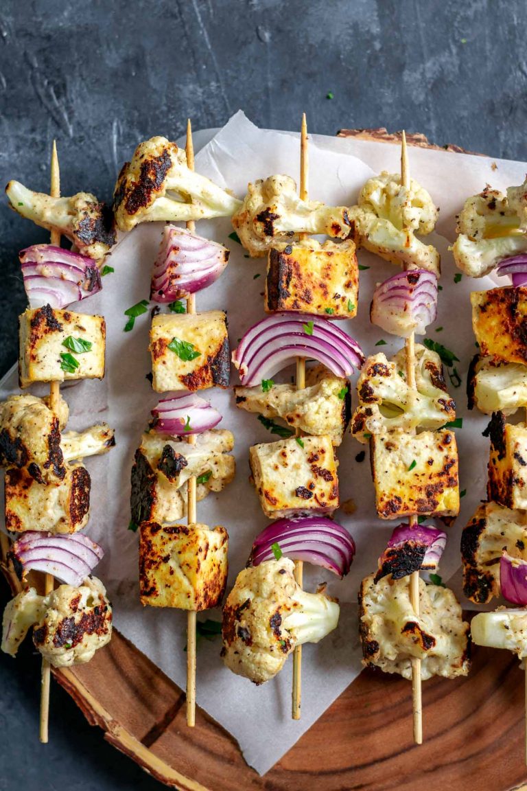 Afghan Cauliflower and Tofu Tikka Kebab Skewers • The Curious Chickpea
