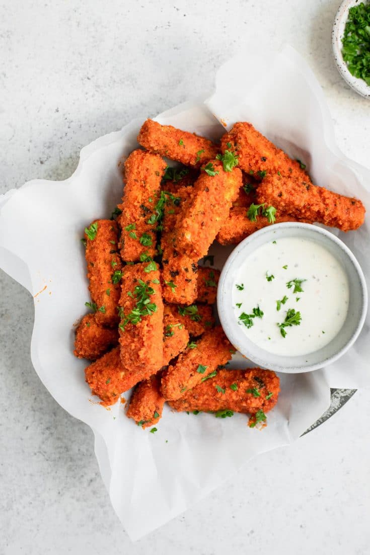 vegan buffalo tofu wings with ranch for dipping