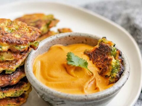 Vegan Broccoli Fritters With Smokey Red Pepper Buffalo Cheddar Dip The Curious Chickpea