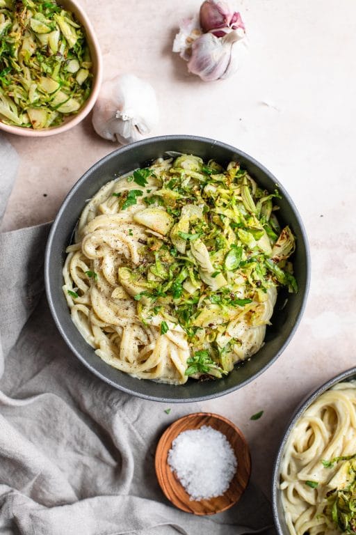 Vegan Creamy Garlic Pasta with Shaved Brussels Sprouts • The Curious ...